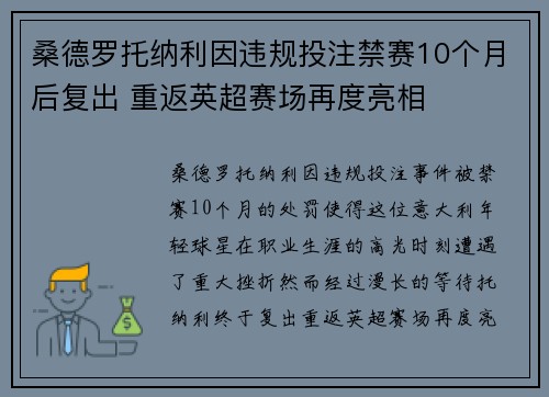 桑德罗托纳利因违规投注禁赛10个月后复出 重返英超赛场再度亮相